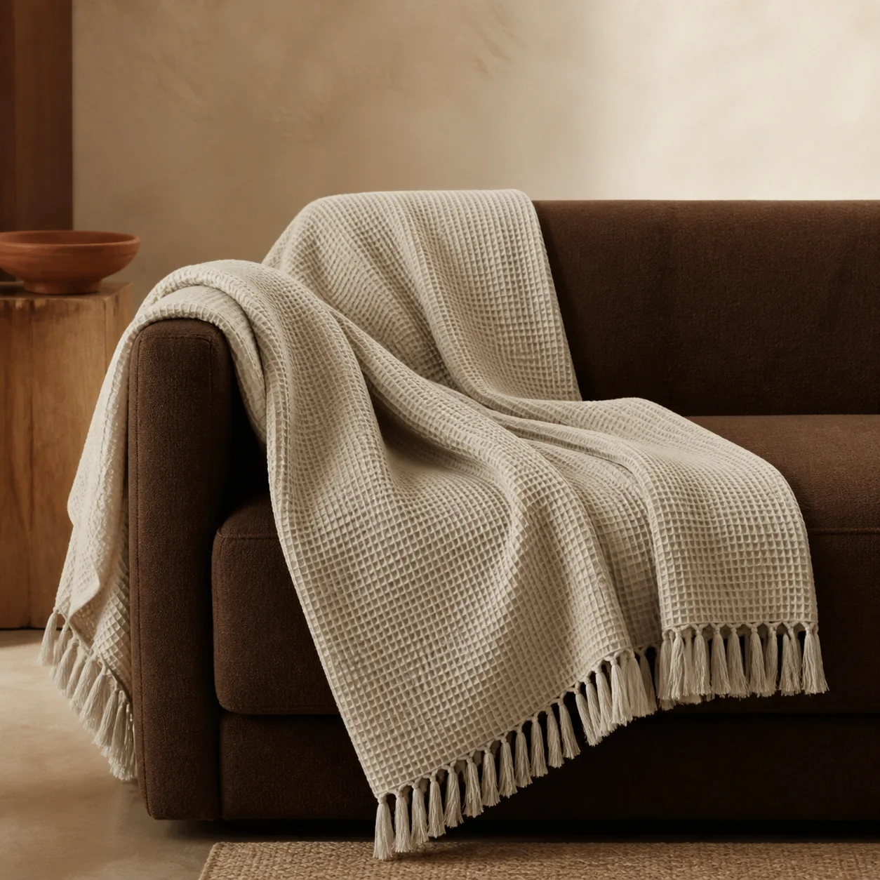 Beige waffle throw sample